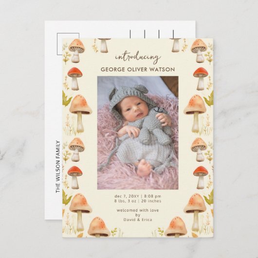 かわいい小さなキノコの写真誕生のお知らせ 案内ポストカード (正面/裏面)