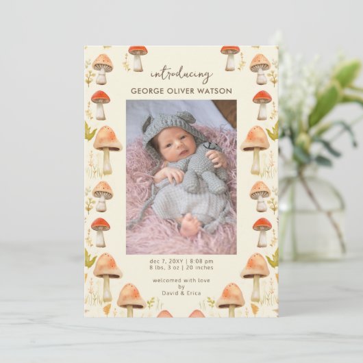 かわいい小さなキノコの写真誕生のお知らせ 案内状 (スタンド正面)