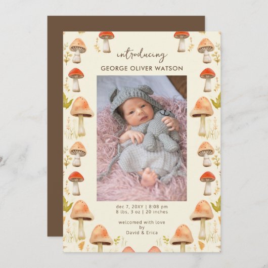 かわいい小さなキノコの写真誕生のお知らせ 案内状 (正面/裏面)