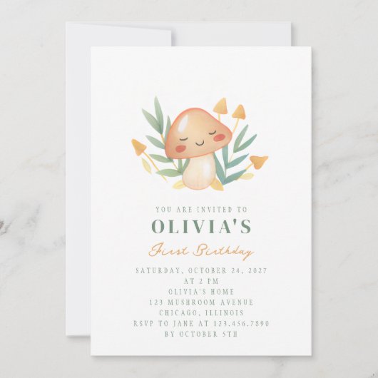 かわいい小さなキノコの最初の誕生日パーティー 招待状 (正面)