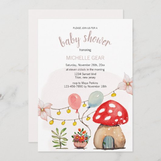 かわいい小さなキノコの水のカラーイラストレーション 招待状 (正面/裏面)