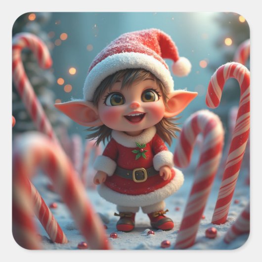 かわいい小さなキャンディーの杖小妖精や小人 スクエアシール (正面)