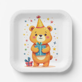 かわいい小さなクマからのハッピーバースデーの挨拶 ペーパープレート