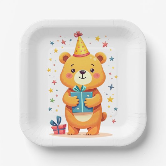 かわいい小さなクマからのハッピーバースデーの挨拶 ペーパープレート (正面)