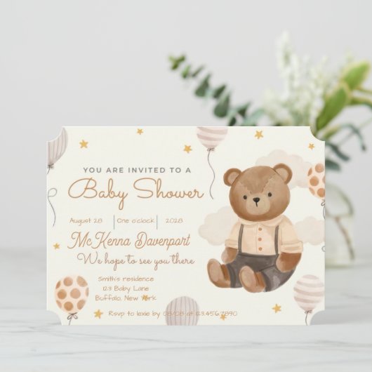 かわいい小さなクマ男の子の赤ちゃんシャワー 招待状 (スタンド正面)