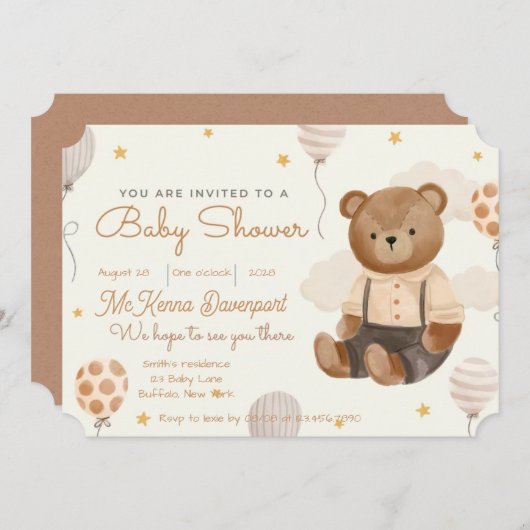 かわいい小さなクマ男の子の赤ちゃんシャワー 招待状 (正面/裏面)