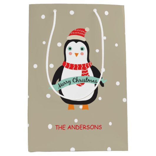 かわいい小さなクリスマスペンギン「メリークリスマス」 ミディアムペーパーバッグ (正面)