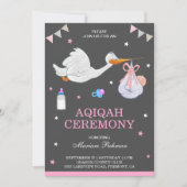 かわいい小さなコウノトリピンク赤ちゃん女の子Aqiqah 招待状 (正面)