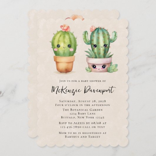 かわいい小さなサボテン多肉乳児シャワー 招待状 (正面/裏面)