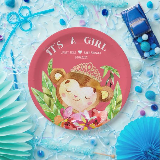 かわいい小さなサルその女の子トロピックピンク ペーパープレート (パーティー)