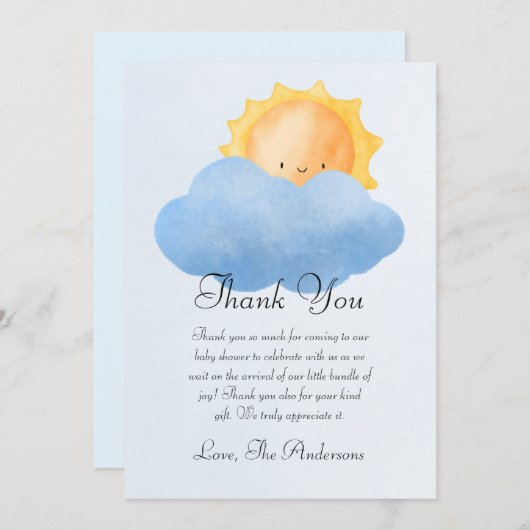 かわいい小さなサンシャインベビーシャワー サンキューカード (正面/裏面)