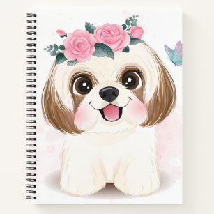 かわいい小さなシーズー（犬）ズとフローライラストレーション ノートブック