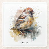 かわいい小さなスズメの水色 ガラスコースター (正面)