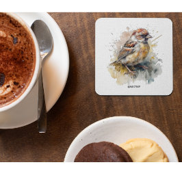 かわいい小さなスズメの水色 ガラスコースター