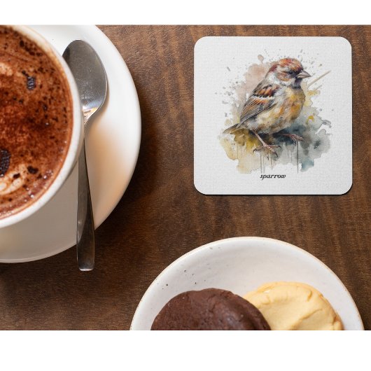 かわいい小さなスズメの水色 ガラスコースター