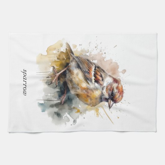 かわいい小さなスズメの水色 キッチンタオル (横)