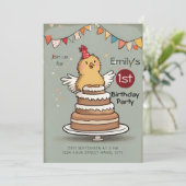 かわいい小さなチキンのケーキ1st誕生日 招待状 (スタンド正面)