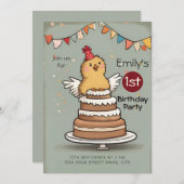 かわいい小さなチキンのケーキ1st誕生日 招待状 (正面/裏面)