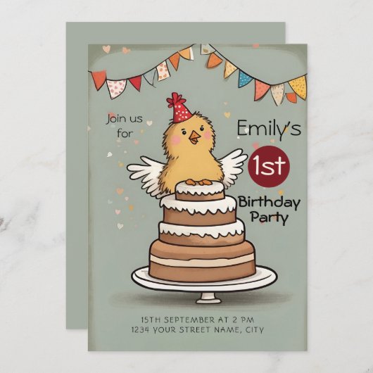 かわいい小さなチキンのケーキ1st誕生日 招待状 (正面/裏面)