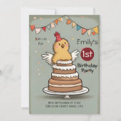かわいい小さなチキンのケーキ1st誕生日 招待状 (正面)