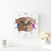 かわいい小さなツインベビーベアズ子供部屋チャイルドルーム スクエア壁時計 (ホーム)