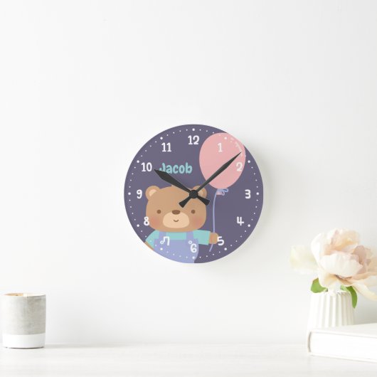 かわいい小さなテディベア風船付きベビー子供部屋 ラウンド壁時計 (ホーム)