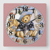 かわいい小さなテディベア スクエア壁時計 (正面)