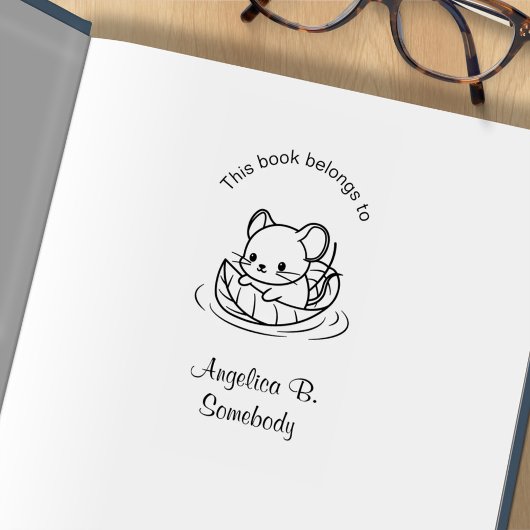 かわいい小さなネズミが葉に浮かぶ蔵書票 ラバースタンプ