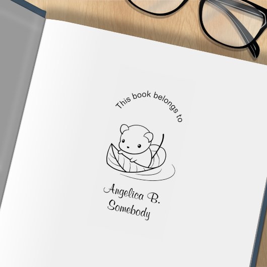 かわいい小さなネズミが葉に浮かぶ蔵書票 ラバースタンプ