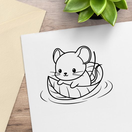 かわいい小さなネズミの葉っぱのボート ラバースタンプ