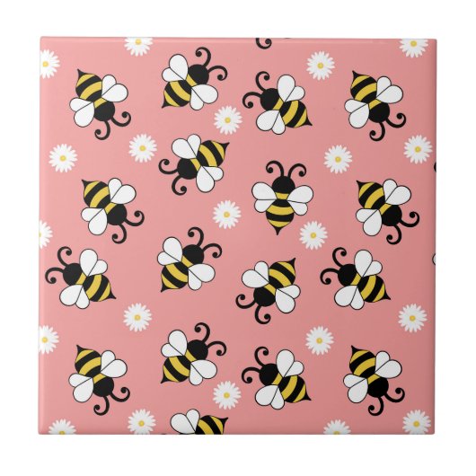 かわいい小さなハチとデイジーの花のパターン タイル (正面)