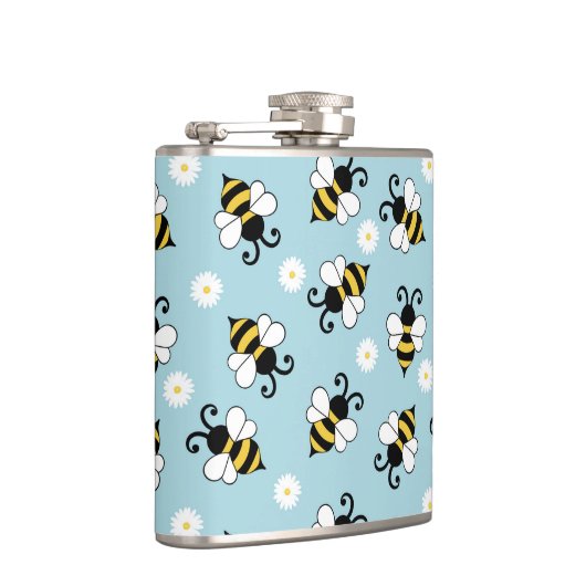 かわいい小さなハチとデイジーの花のパターン フラスク (右)