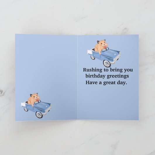 かわいい小さなハムスター青い車の誕生日を運転 シーズンカード (内部)