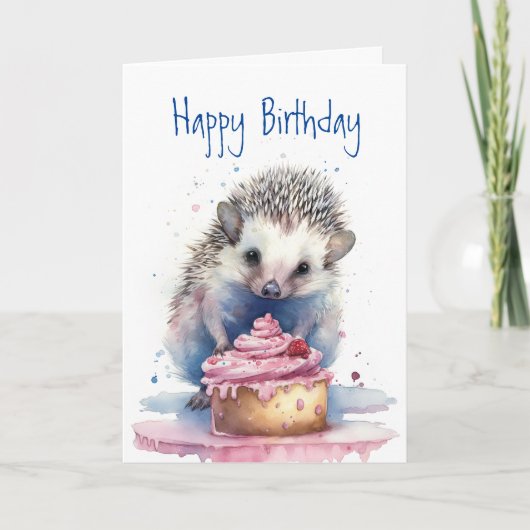 かわいい小さなハリネズミとケーキ – 任意の年齢の誕生日 カード (正面)