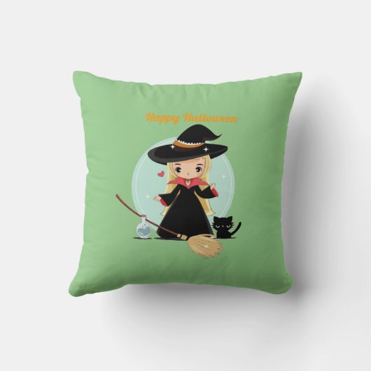 かわいい小さなハロウィーンの魔女と子猫 クッション (裏面)