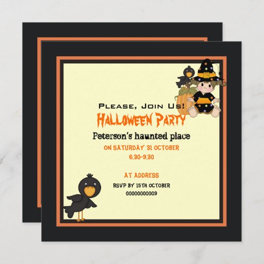 かわいい小さなハロウィーンの魔女オレンジの黒いドレス 招待状 (正面/裏面)