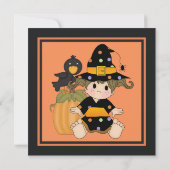 かわいい小さなハロウィーンの魔女オレンジの黒いドレス 招待状 (裏面)
