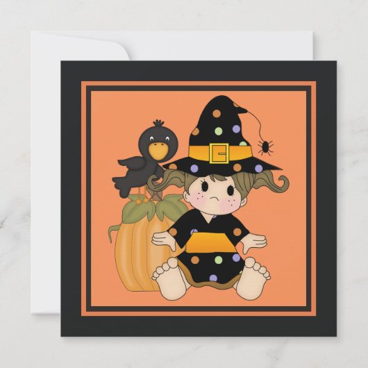 かわいい小さなハロウィーンの魔女オレンジの黒いドレス 招待状 (裏面)