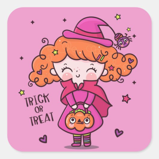 かわいい小さなハロウィーンガールをトリックまたは治療 スクエアシール (正面)