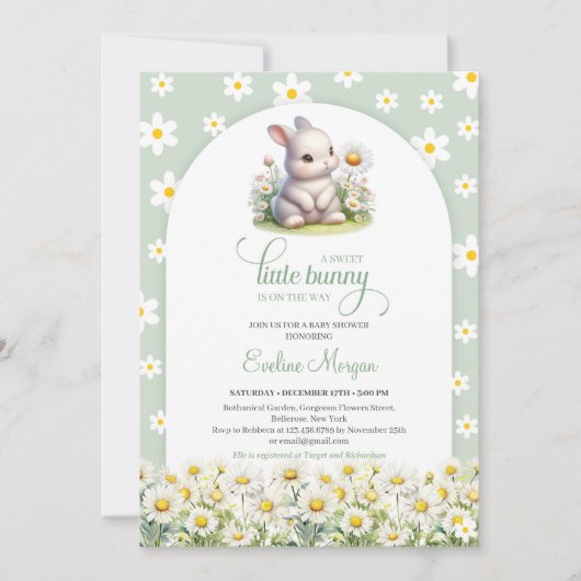 かわいい小さなバニーとデイジー春 男女兼用 招待状 (正面)