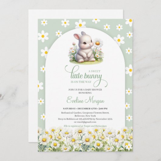 かわいい小さなバニーとデイジー春 男女兼用 招待状 (正面/裏面)