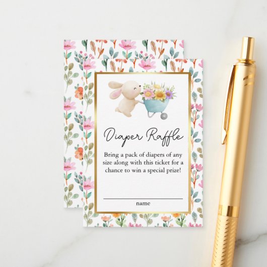 かわいい小さなバニーのワイルドフラワーおむつラッフル エンクロージャーカード (正面/裏面インサイチュ)