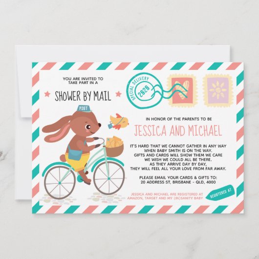 かわいい小さなバニーポストマン |メールによるベビーシャワー 招待状 (正面)