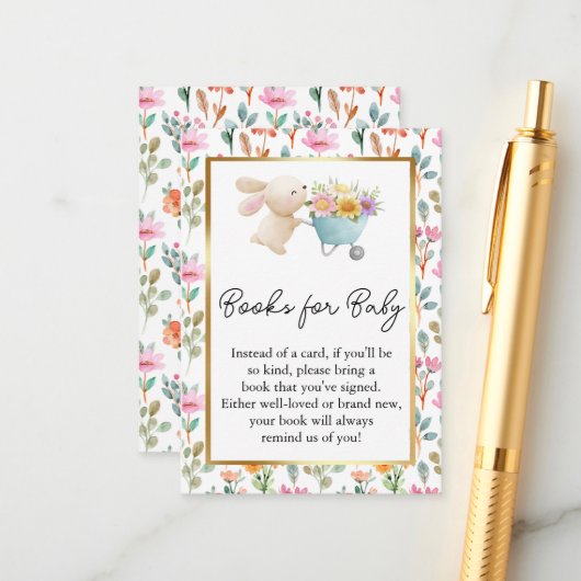 かわいい小さなバニーワイルドフラワーズブックベビー エンクロージャーカード (正面/裏面インサイチュ)
