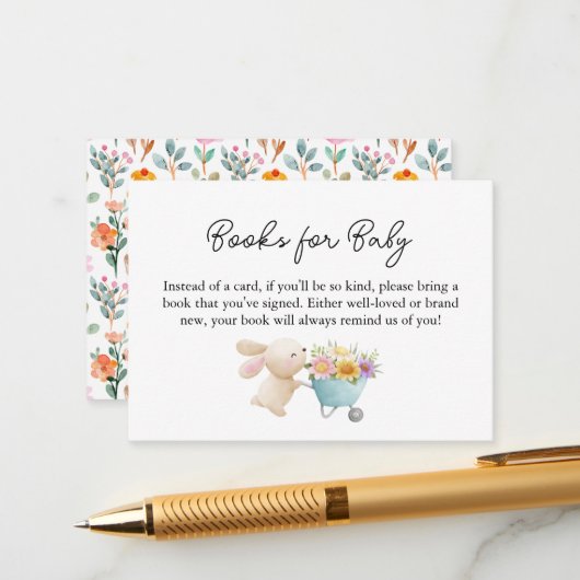 かわいい小さなバニーワイルドフラワーズブックベビー エンクロージャーカード (正面/裏面インサイチュ)