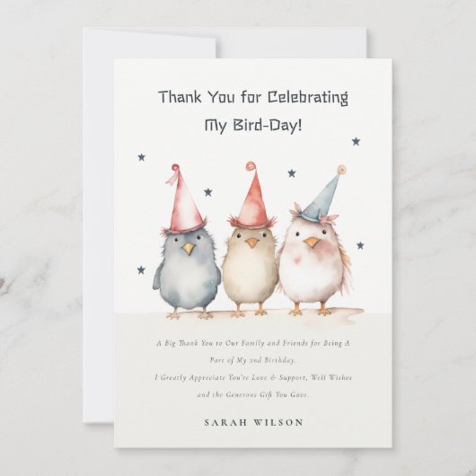 かわいい小さなパーティー鳥の水の色子供の誕生日 サンキューカード (正面)