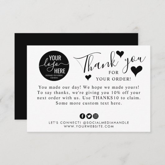かわいい小さなビジネスカスタムロゴのソーシャルメディアハート サンキューカード (正面/裏面)