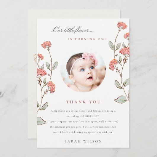 かわいい小さなピンクの花フォトベビーガール誕生日 サンキューカード (正面/裏面)