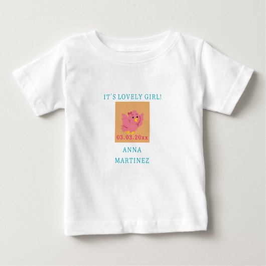 かわいい小さなピンクの鳥のテーマ女の子の赤ちゃんシャワー ベビーTシャツ (正面)