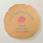 かわいい小さなピンクの鳥のテーマ女の子の赤ちゃんシャワー ラウンドクッション (正面)